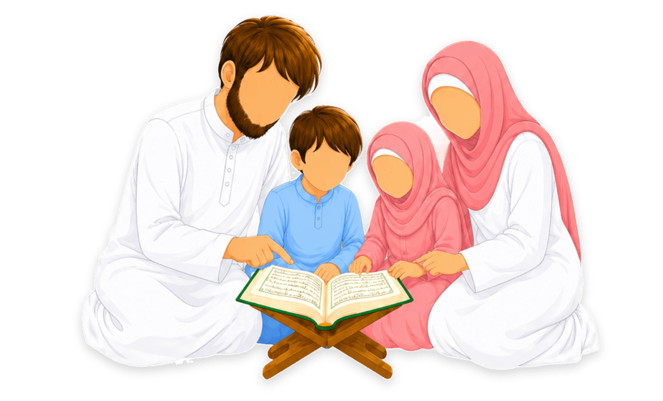 Muslim family gathered happily reading the Holy Quran together