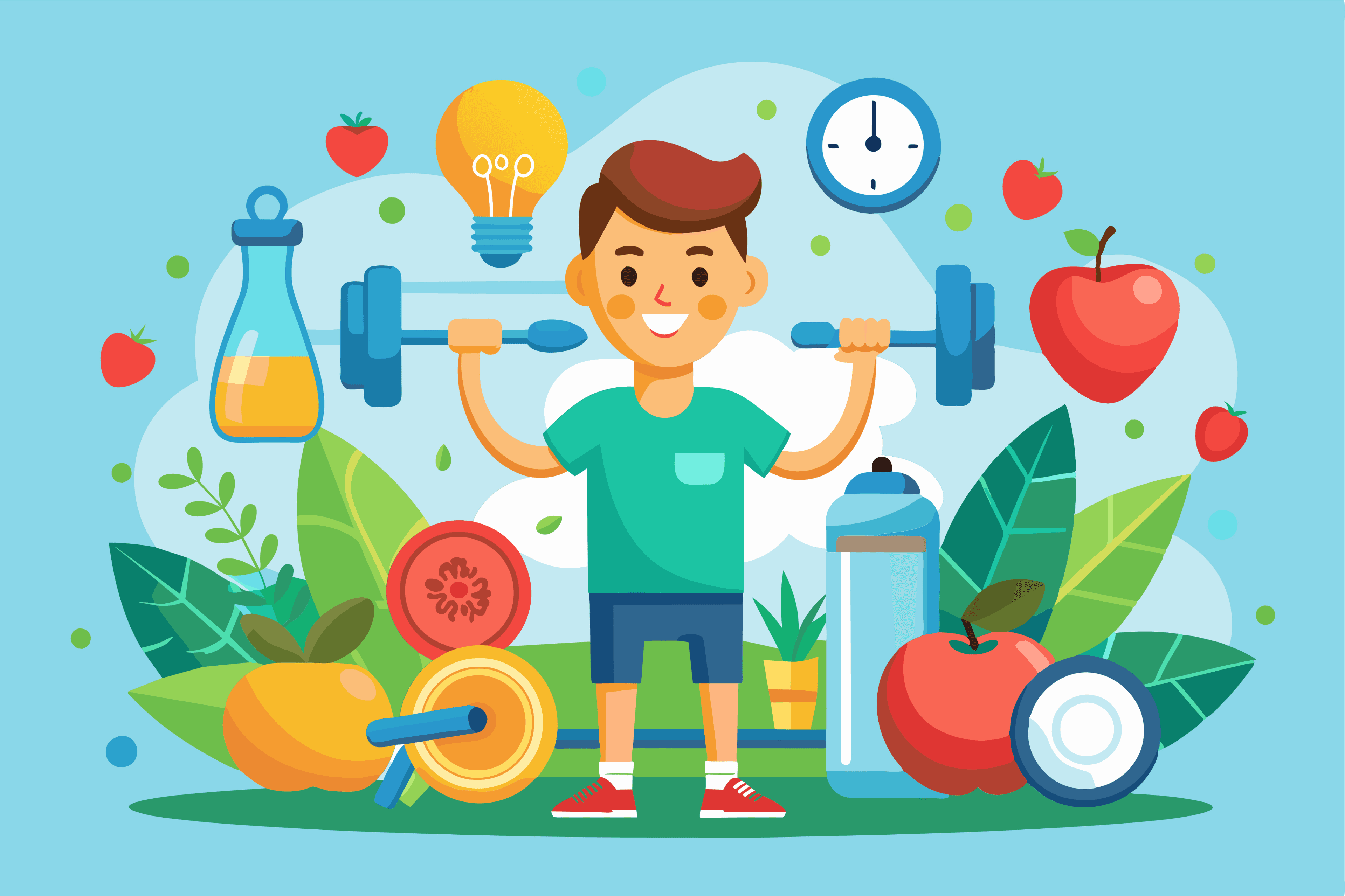Illustrated boy happily engaging in active fitness, wholesome nutrition, and time management