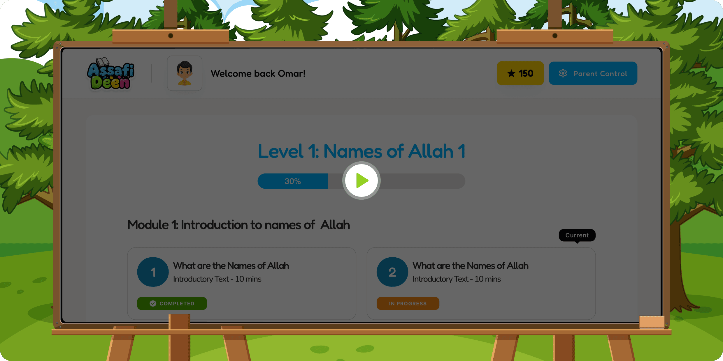 Assafi Deen learning platform video walkthrough featuring Level 1: Names of Allah