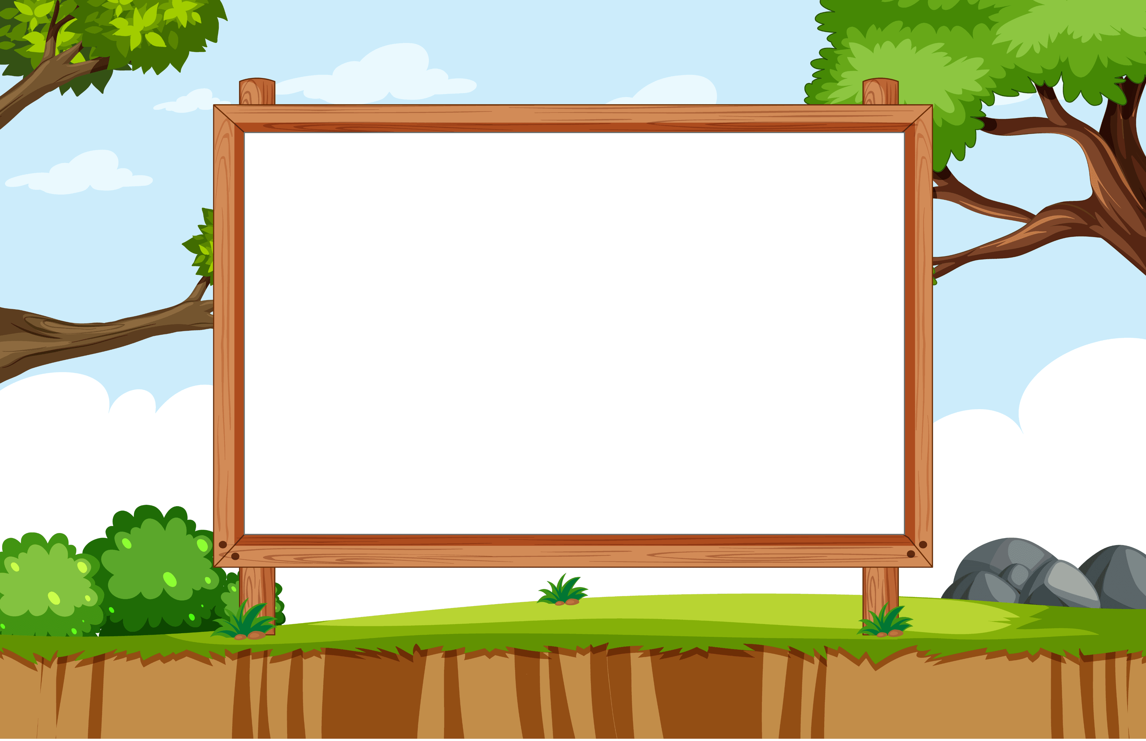 Illustrated park woodland with wooden signboard